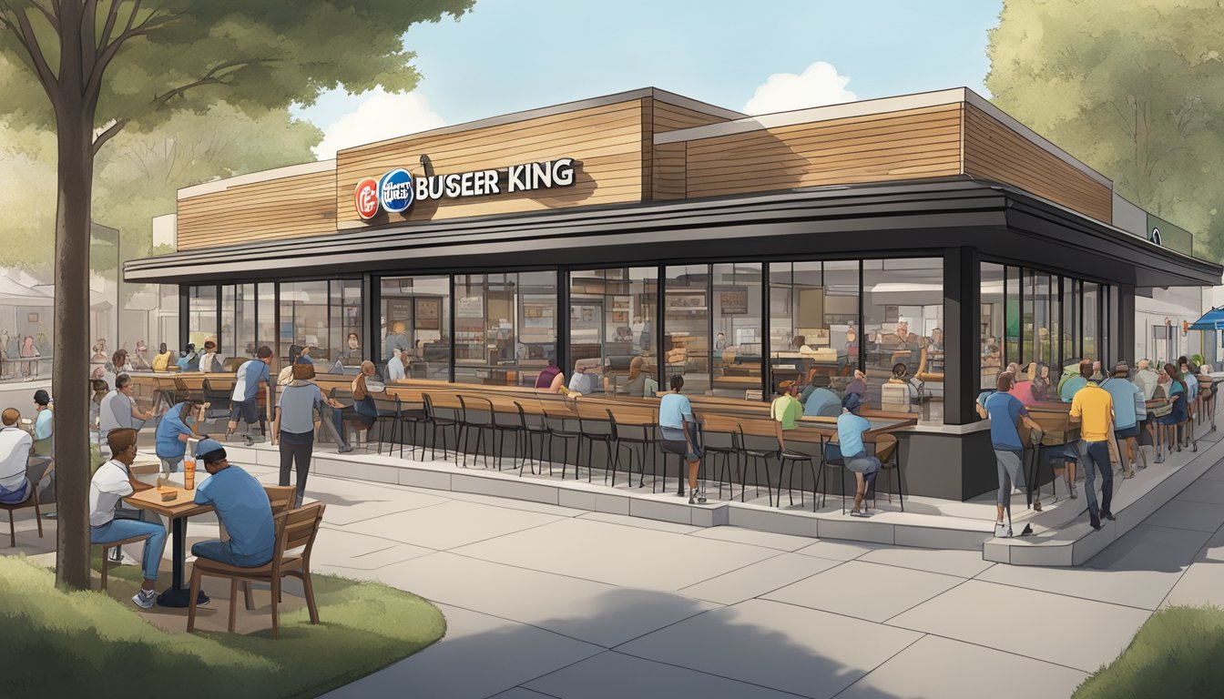 A bustling Burger King with a long line of customers contrasts with a sleek and modern Shake Shack with outdoor seating