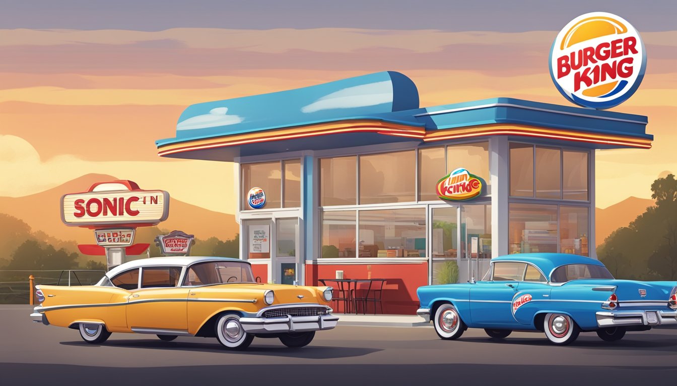 A vintage Burger King storefront stands next to a retro-style Sonic Drive-In, with a classic carhop delivering food to a parked car