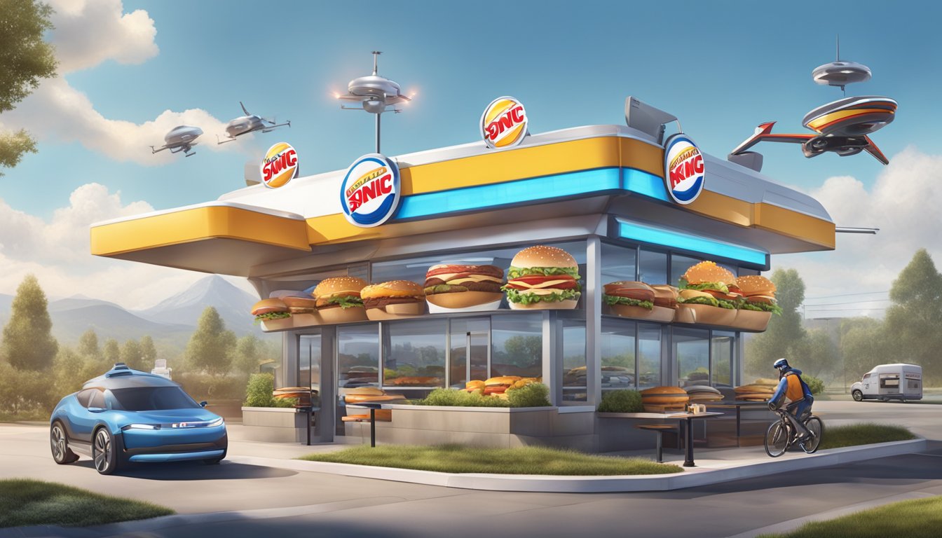 A futuristic Burger King and Sonic Drive-In facing off with flying delivery drones and high-tech drive-thru systems