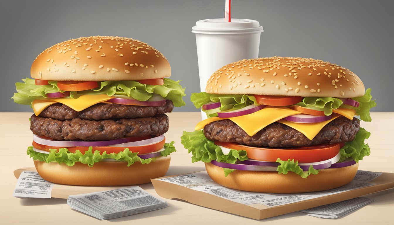 A table with two burgers, one from Burger King and one from Fatburger, surrounded by nutritional information labels and ingredients