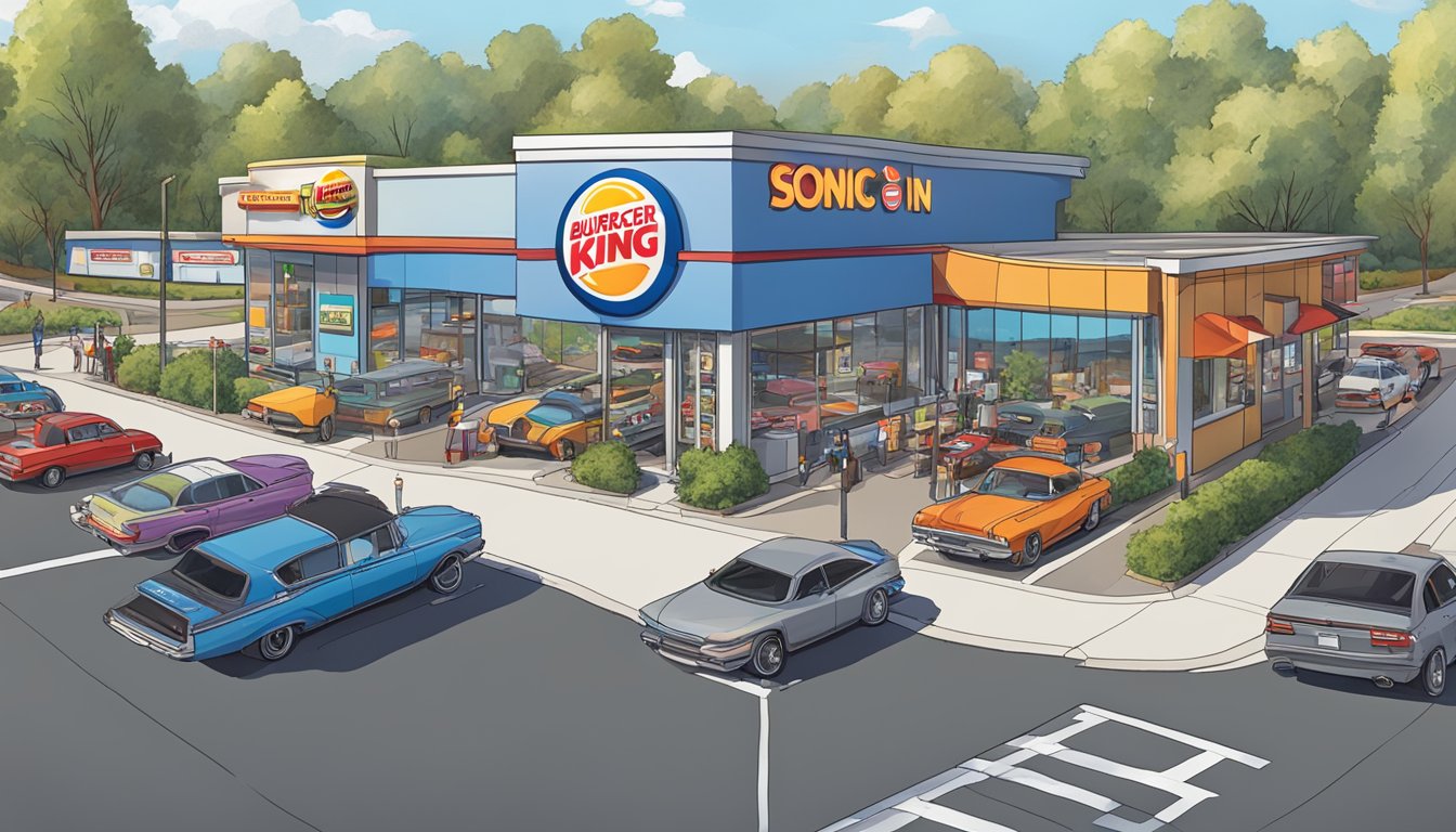 A busy intersection with a Burger King on one side and a Sonic Drive-In on the other, with cars lined up at both drive-thrus