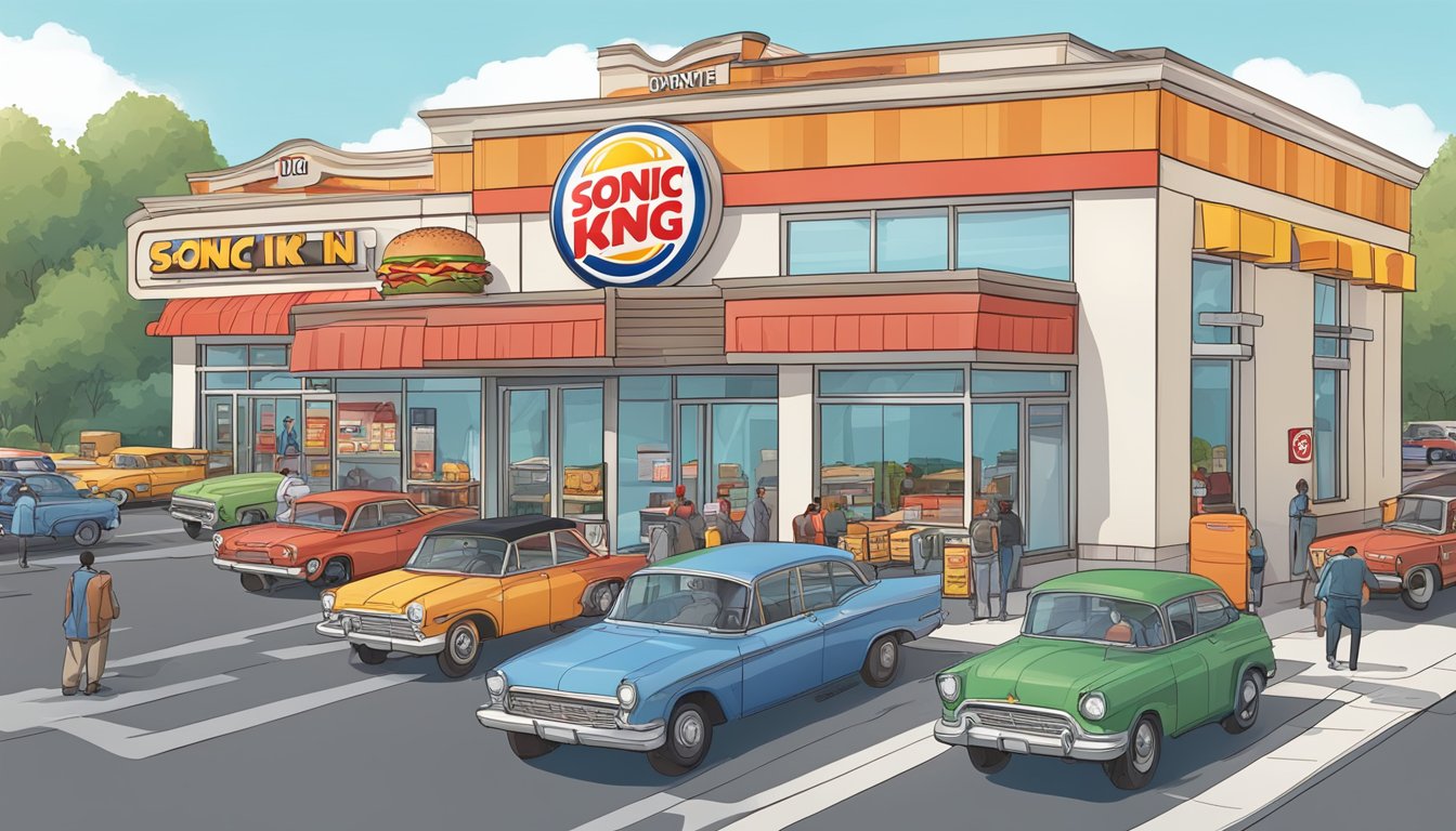 A crowded fast food restaurant with Burger King and Sonic Drive-In signs visible outside. A line of cars wraps around the drive-thru