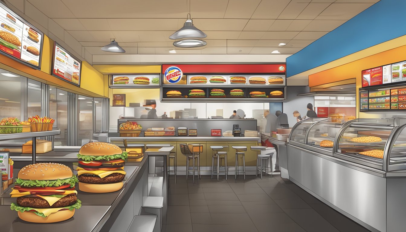 A bustling fast-food restaurant with two separate counters, each adorned with the logos of Burger King and Hardee's, showcasing their respective menu items