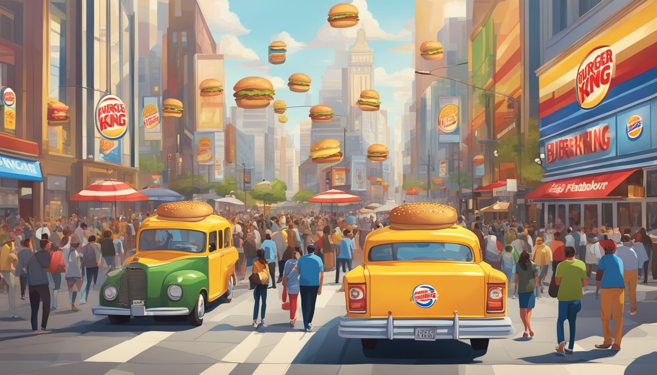 A crowded city street with Burger King and Fatburger signs competing for attention. Iconic logos and colorful storefronts draw in diverse crowds