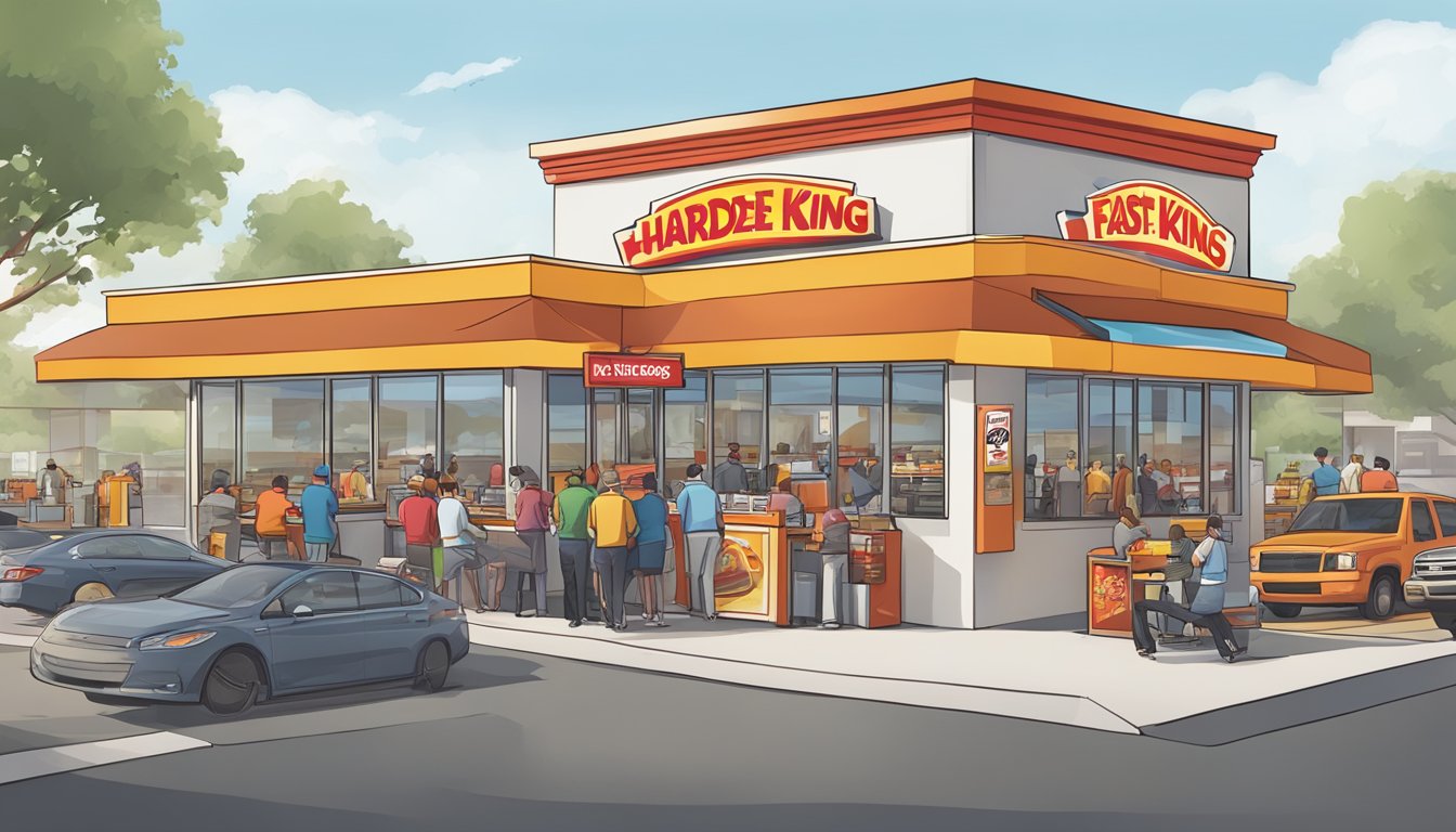 A bustling fast-food restaurant with Burger King and Hardee's logos displayed prominently. Customers line up at counters and drive-thru windows