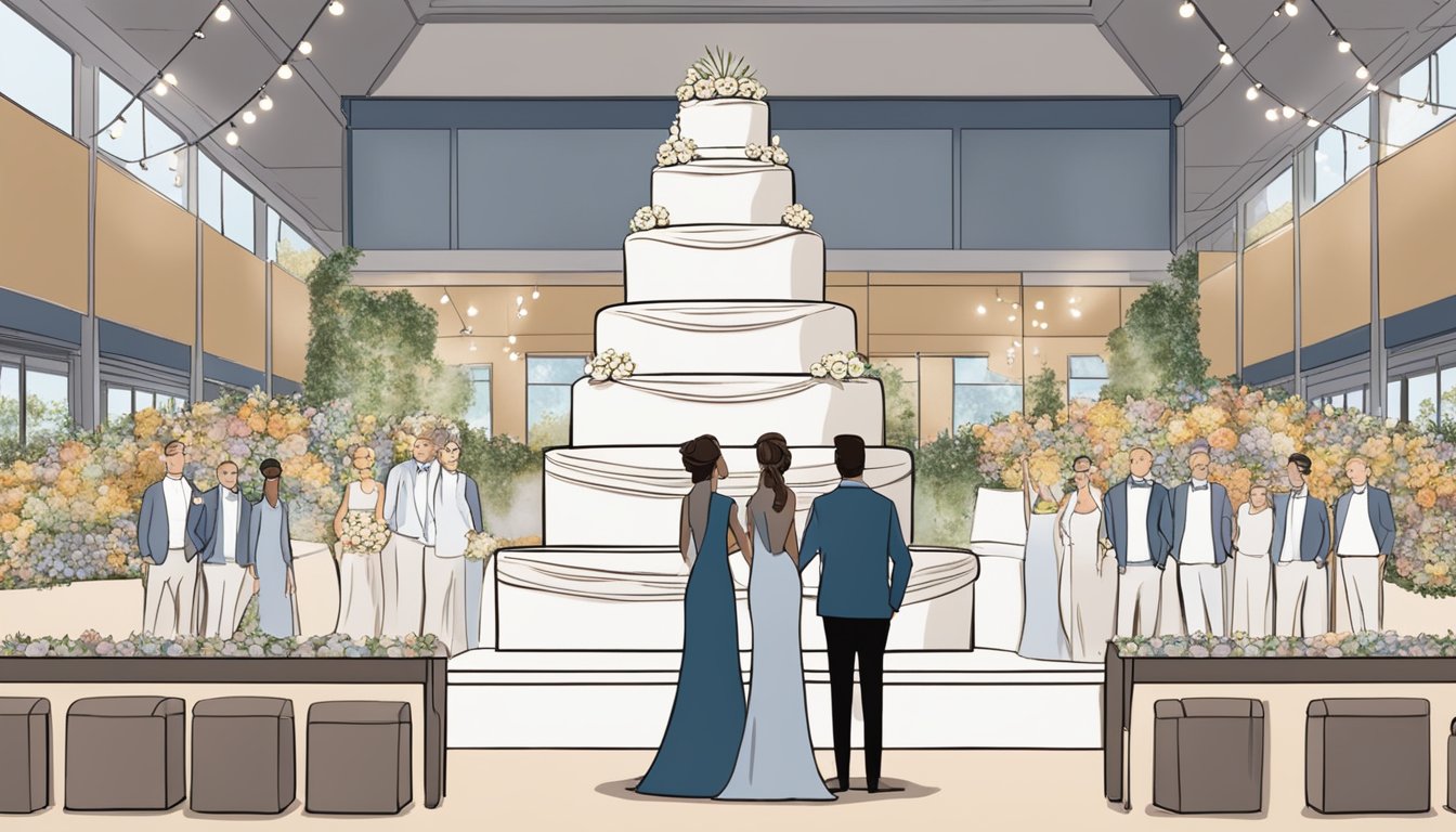 A grand Kirkland Signature wedding cake on display in the aisle of Costco, surrounded by other wedding essentials, with a couple standing at the altar, ready to unveil it