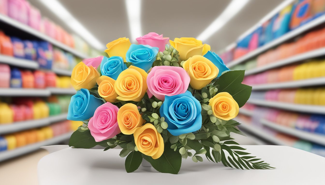 A colorful Mainstays Artificial Rose Bouquet displayed in a Walmart aisle, with wedding essentials showcased nearby