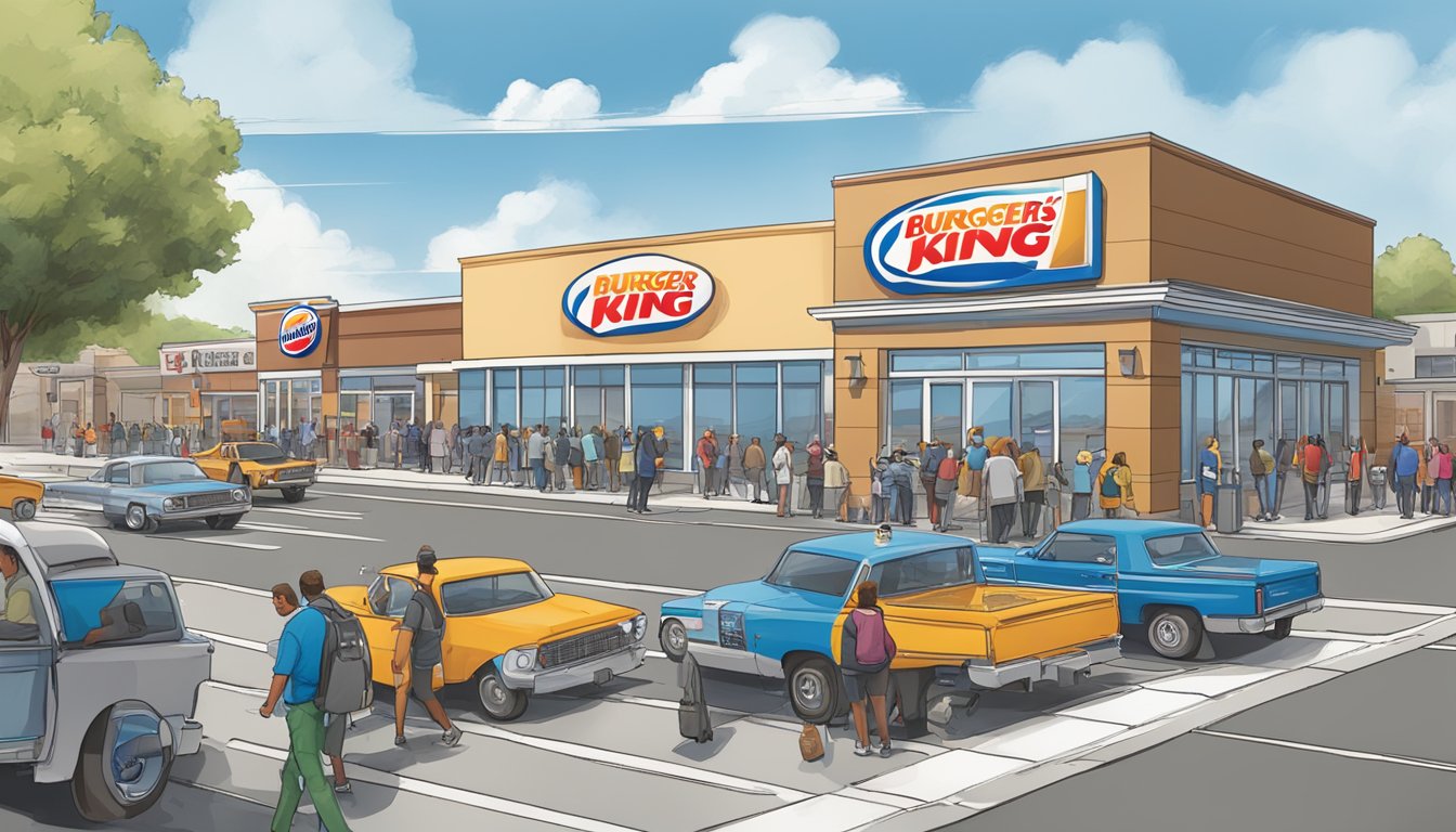 A bustling fast-food restaurant, Burger King and Culver's facing each other across a busy street, with customers lining up at both locations