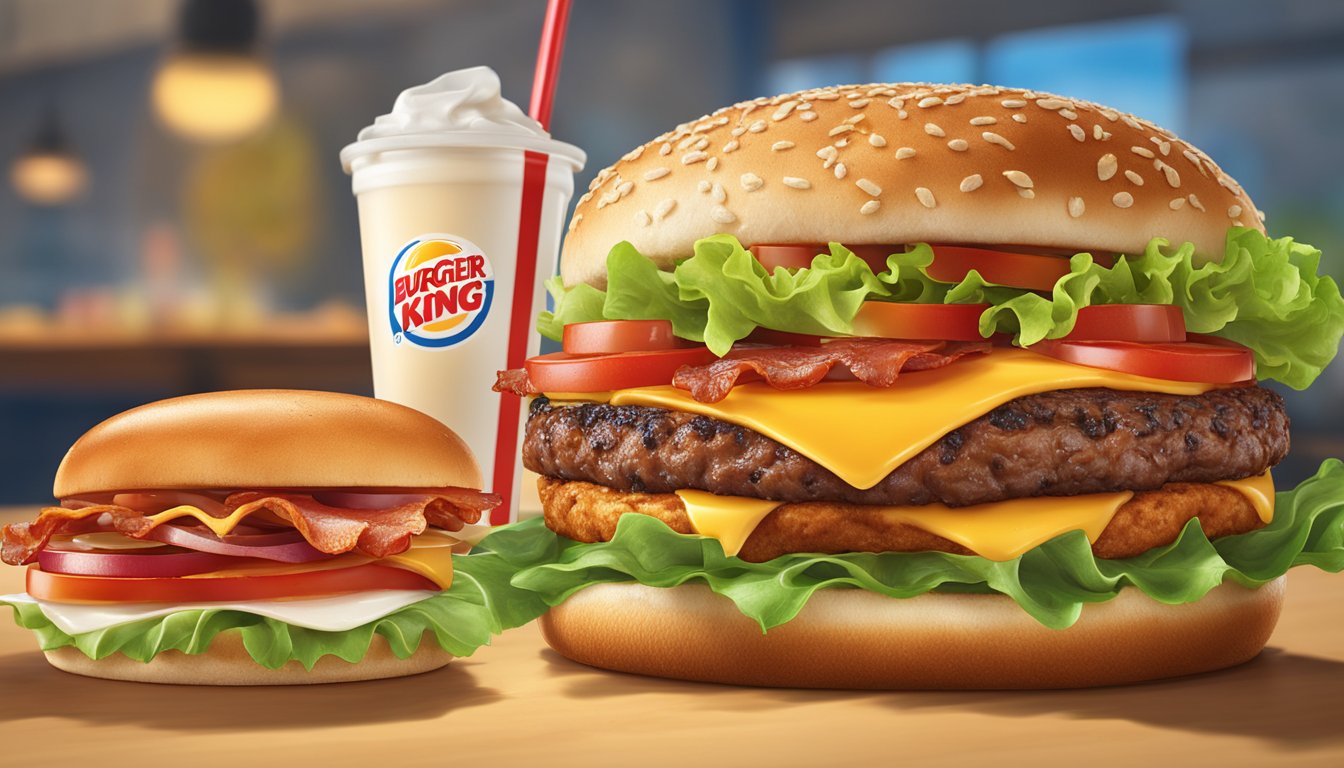 A sizzling burger with fresh lettuce, tomatoes, and cheese from Burger King sits next to a juicy Culver's burger with crispy bacon and a buttery bun