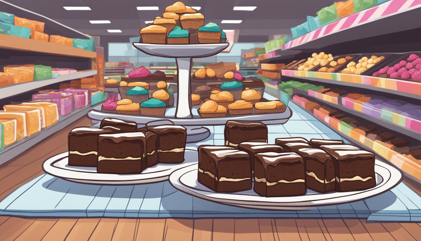 A platter of two-bite brownies displayed on a decorated table in the middle of a grocery store aisle, with wedding essentials showcased in the background