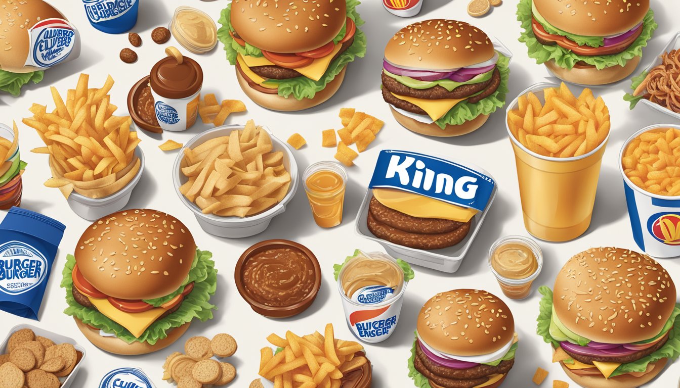 A table with burger king and culvers logos, surrounded by various burger ingredients and nutritional labels