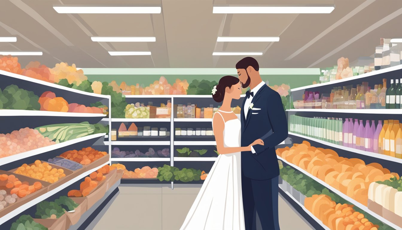 A bride and groom carefully select wedding essentials from a beautifully curated grocery store aisle, with a serene altar in the background