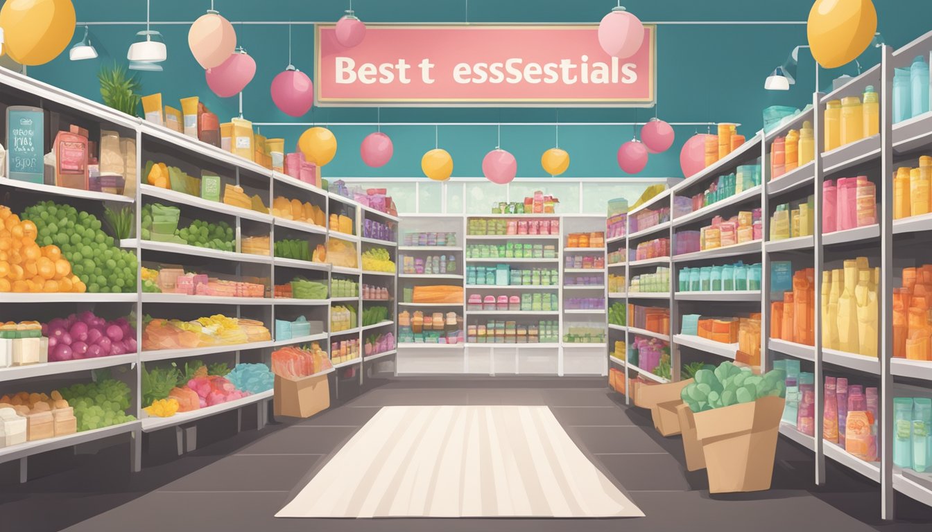 A colorful display of wedding products arranged neatly on shelves, with aisle markers and a sign advertising the best grocery stores for wedding essentials