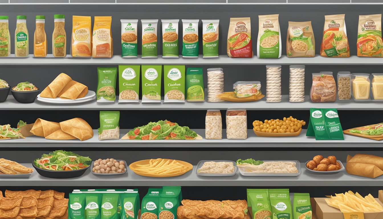 A colorful display of Safeway Chicken Caesar Wraps surrounded by other gourmet grocery store prepared foods, arranged neatly on a shelf