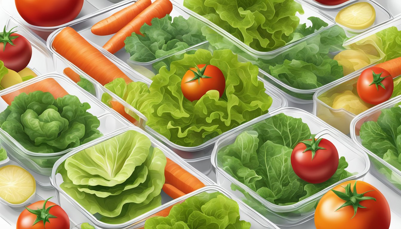 A colorful array of fresh lettuce, tomatoes, carrots, and other vegetables arranged in a clear plastic bowl with a separate compartment for dressing