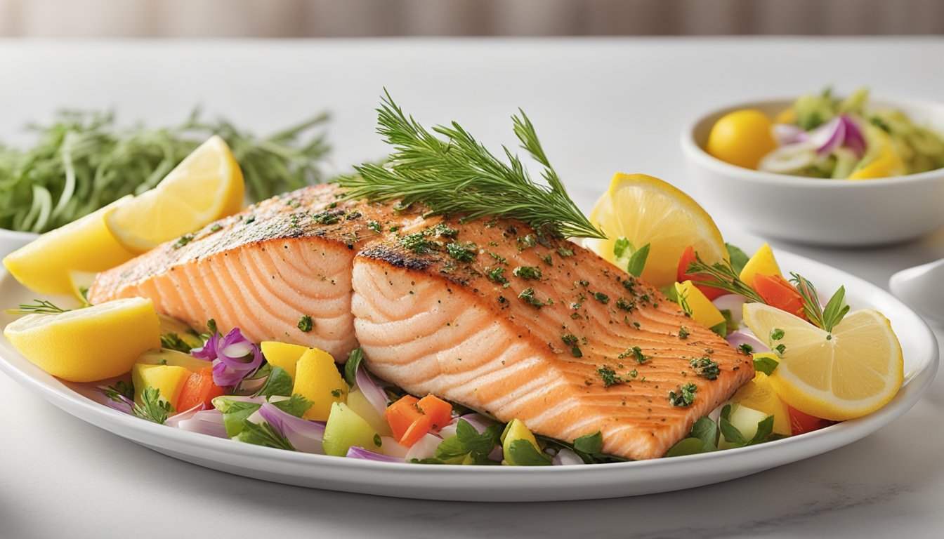 A platter of H-E-B Lemon Herb Roasted Salmon surrounded by colorful garnishes, displayed on a pristine white serving dish