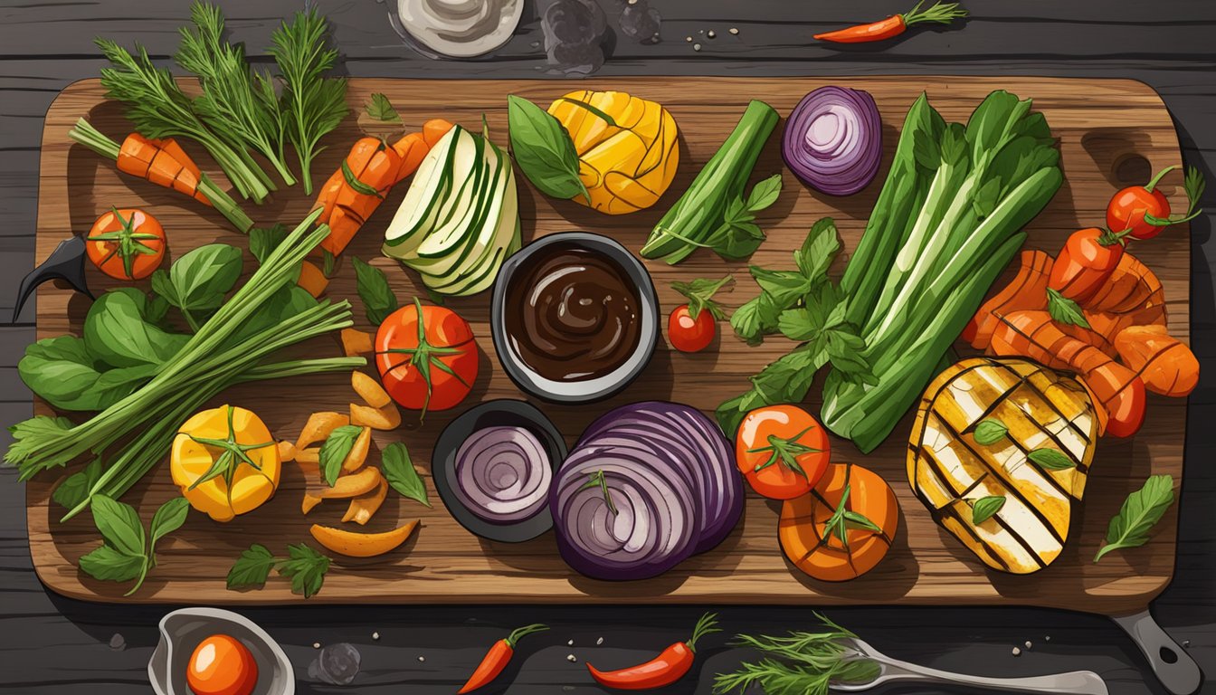 A colorful array of grilled vegetables arranged on a wooden serving platter, surrounded by fresh herbs and garnished with a drizzle of balsamic glaze