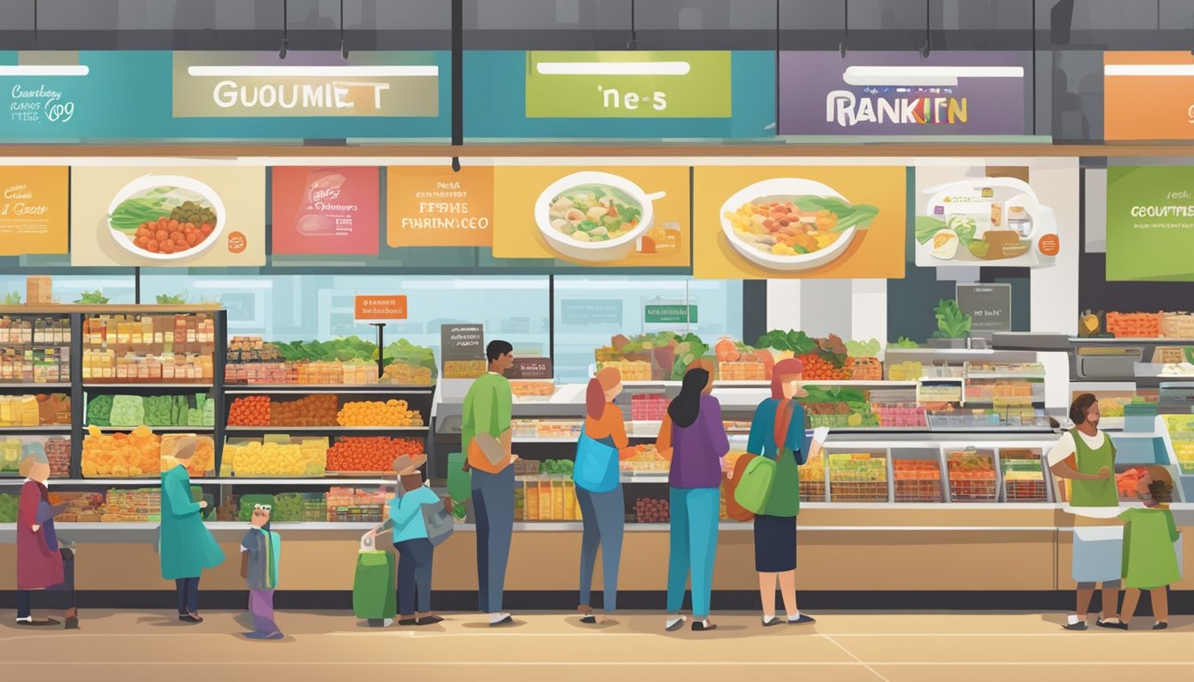 A bustling grocery store with colorful displays of gourmet prepared foods, customers browsing and tasting samples, and a sign displaying "Gourmet on the Go Ranking."