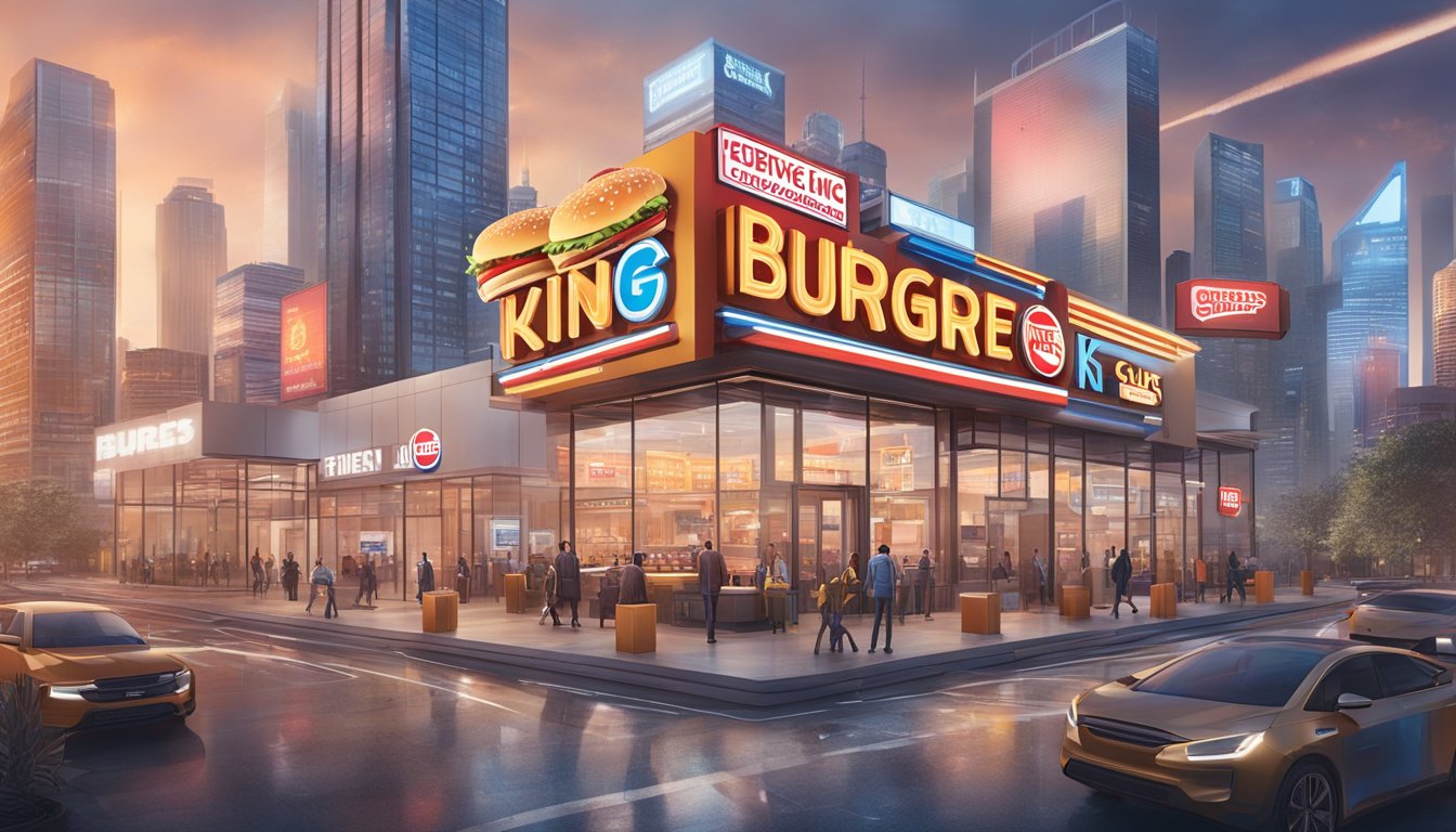 Burger King and Five Guys logos merging with tech elements in a futuristic cityscape