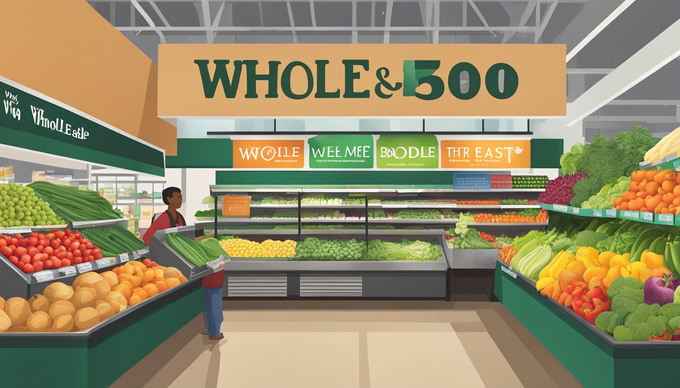 A colorful display of fresh fruits, vegetables, and organic products at Whole Foods Market, with a prominent "whole30 made easy" sign