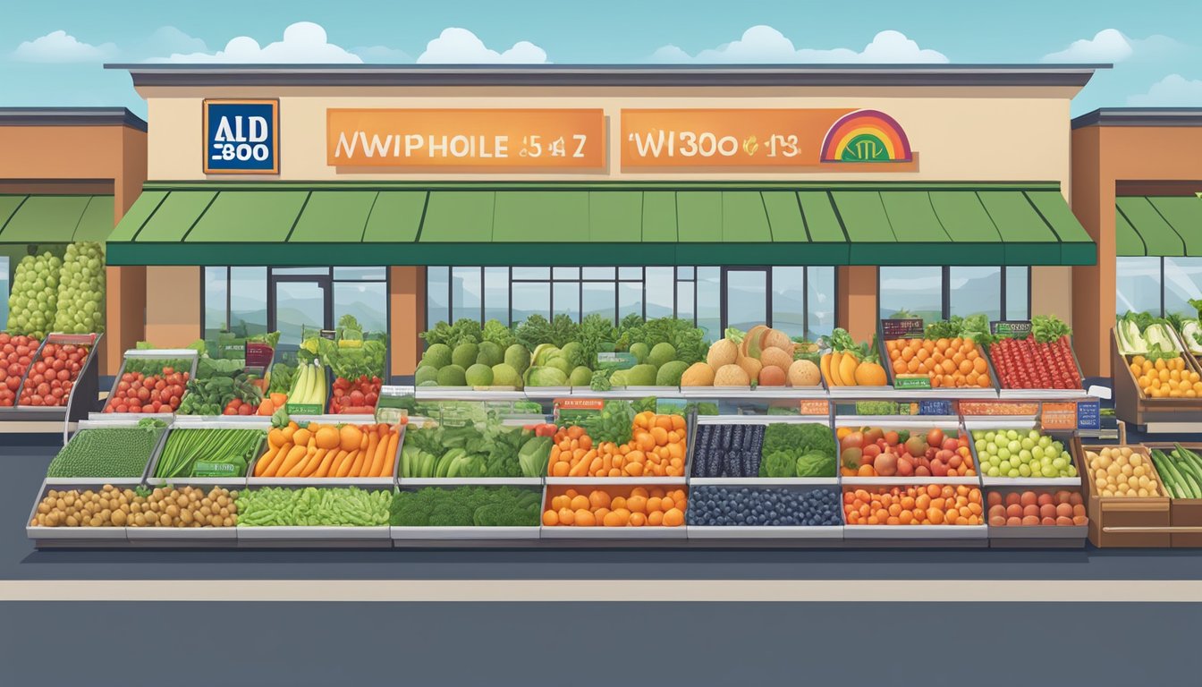 A colorful display of fresh fruits, vegetables, and whole foods at an Aldi grocery store, with a prominent "Whole30 Approved" label on various products