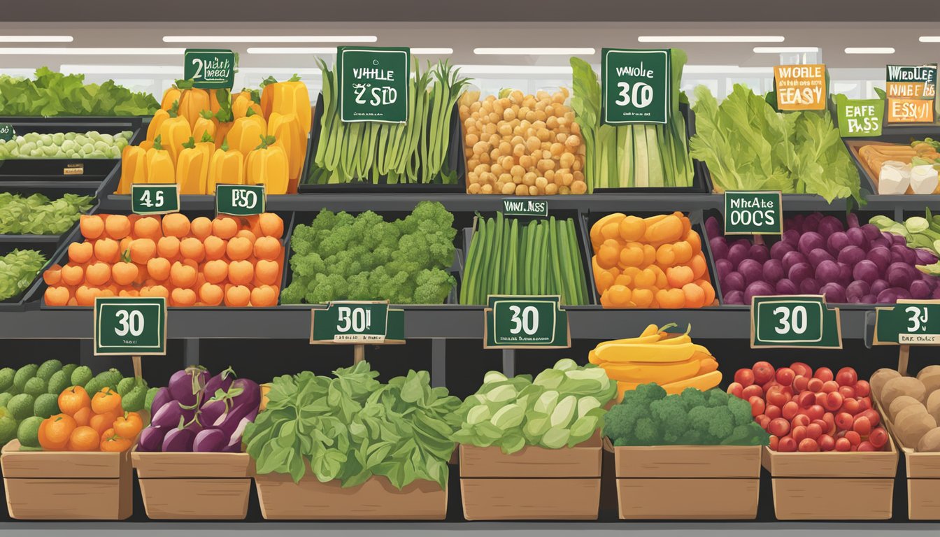 A display of fresh produce and whole foods at Safeway, with a prominent "Whole30 Made Easy" sign