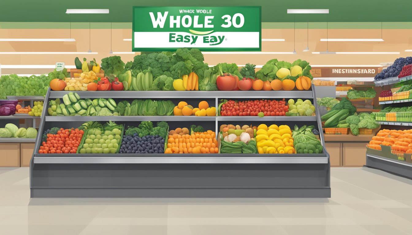 A colorful display of fresh fruits, vegetables, and organic products at HEB, with a prominent "Whole30 Made Easy" sign