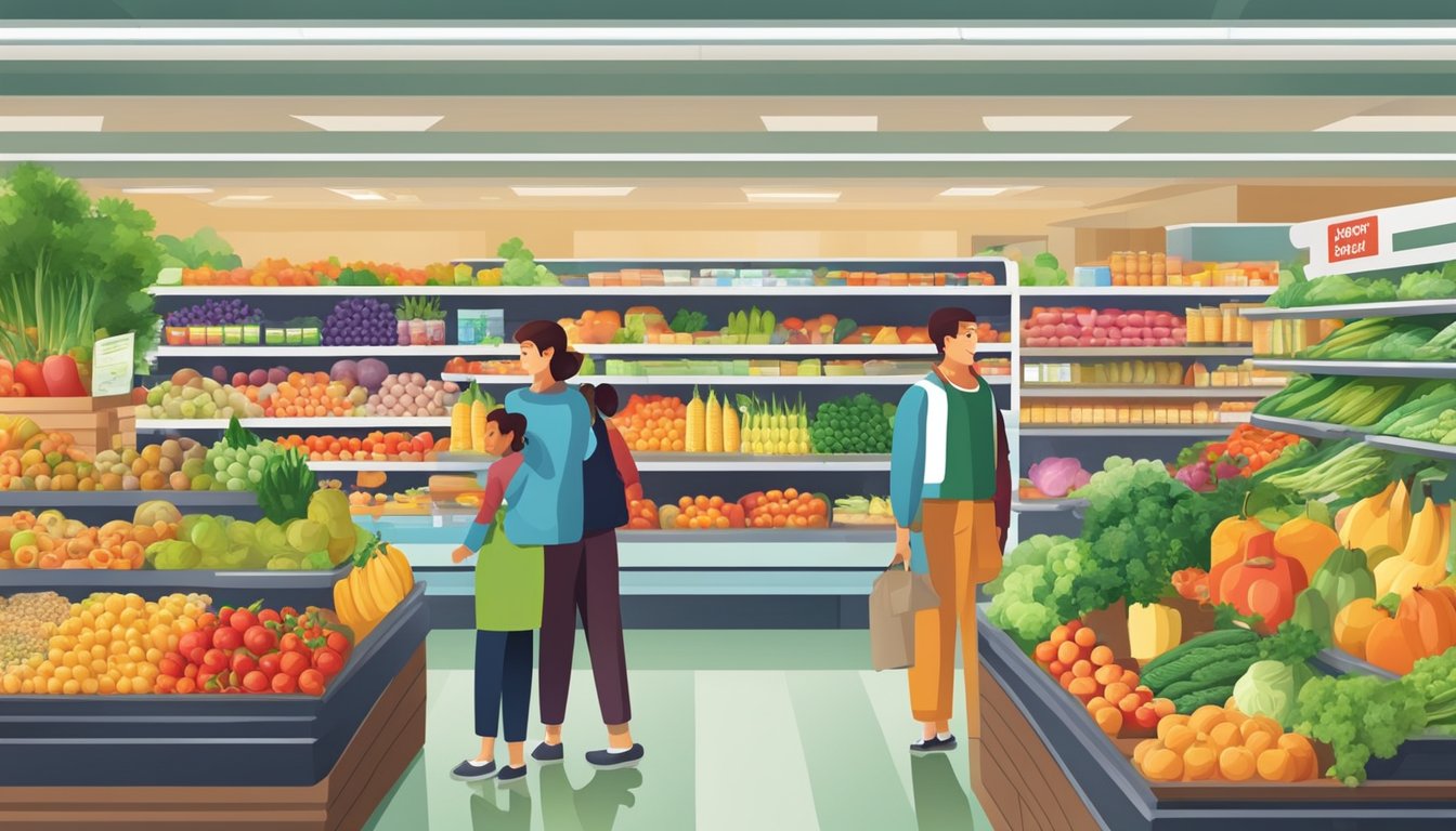 A bustling grocery store with colorful displays of fresh produce and shelves stocked with affordable goods, surrounded by happy and satisfied customers