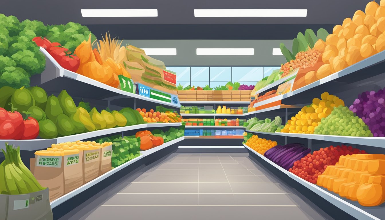 A bustling grocery store filled with colorful produce, neatly stacked shelves, and prominent "budget-friendly" signs. Customers compare prices and fill their carts with affordable items