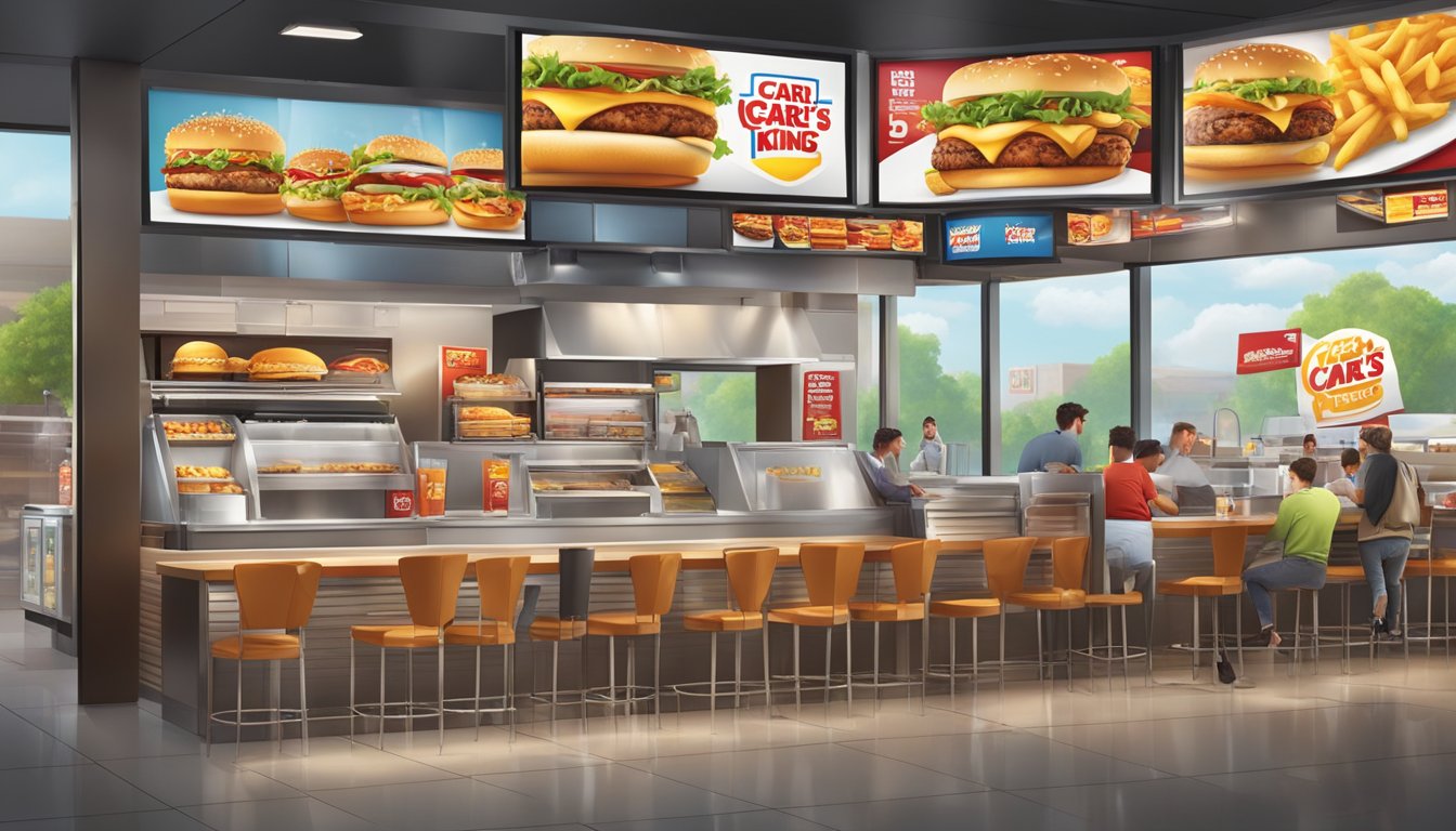 A busy fast food restaurant with Burger King and Carl's Jr. signs, showcasing their pricing and value proposals through colorful menu boards and promotional displays