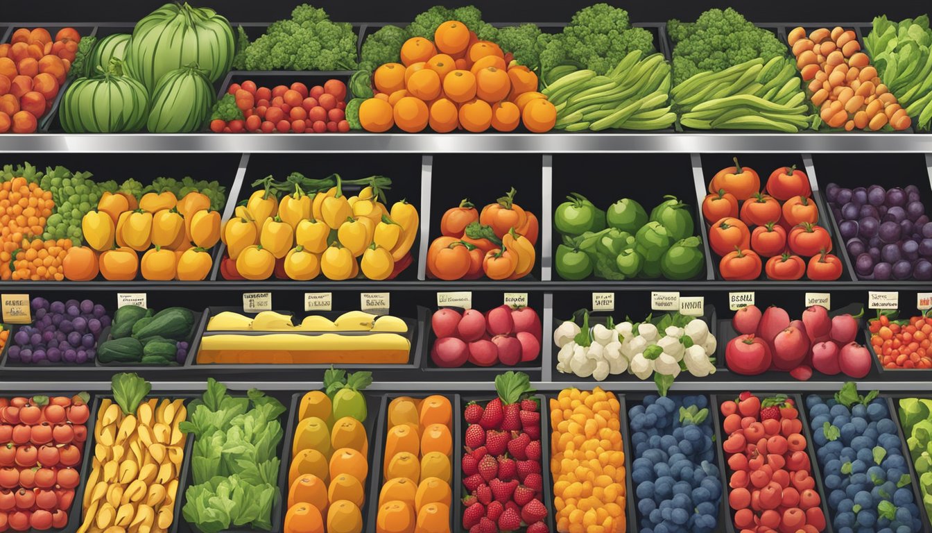 A colorful display of fresh fruits, vegetables, and organic products at Wegmans, arranged neatly and invitingly for clean eating