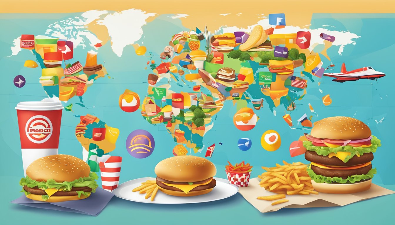 Two fast food restaurants with iconic logos facing off in a global map backdrop