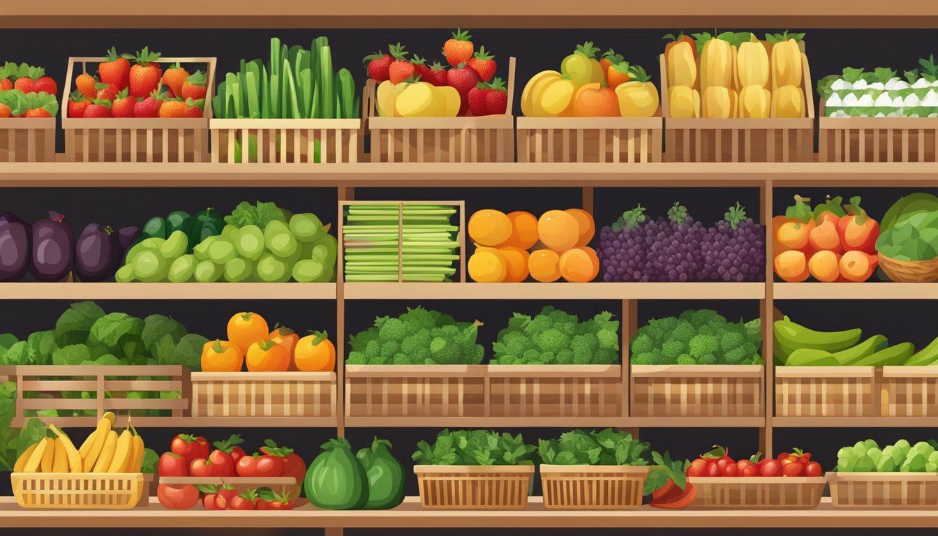 A colorful display of fresh fruits, vegetables, and organic products arranged neatly on shelves and in baskets at a grocery store