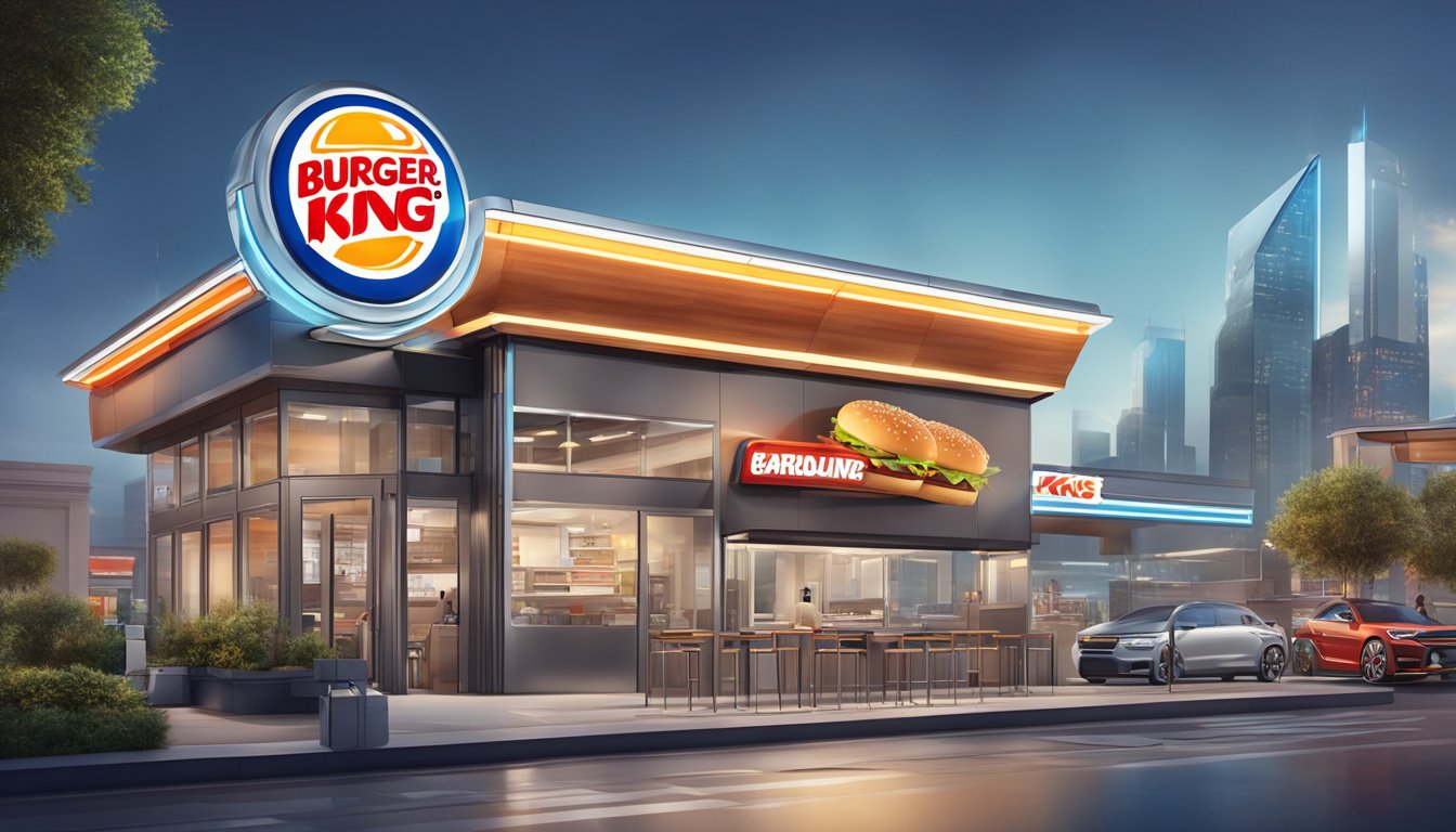 A futuristic Burger King and Carl's Jr. restaurant stand side by side, with sleek, modern architecture and advanced technology integrated into their designs