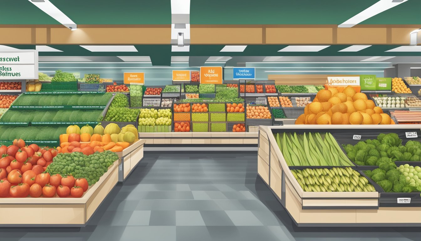 A well-organized display of fresh produce and whole foods at Meijer, with clear signage indicating Whole30 approved items