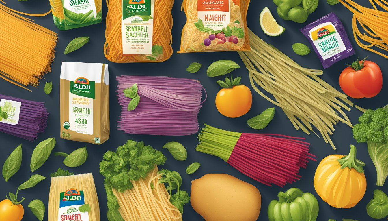 A colorful display of Aldi's Simply Nature Organic Spaghetti alongside other affordable grocery items, emphasizing value for budget-conscious shoppers