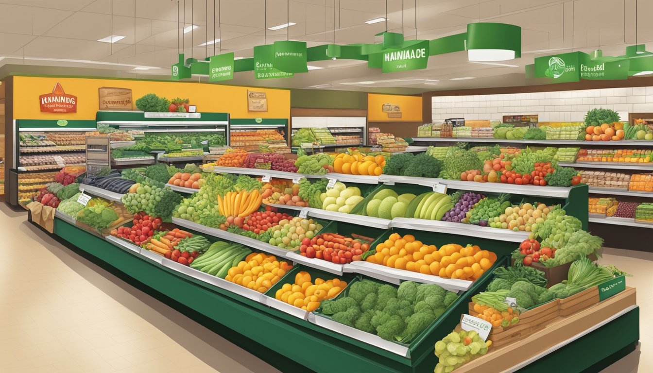 A colorful display of fresh fruits, vegetables, and organic products at Hannaford grocery store