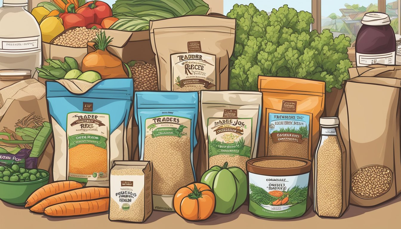 A bag of Trader Joe's Organic Brown Rice placed next to a variety of affordable groceries, emphasizing value for shoppers