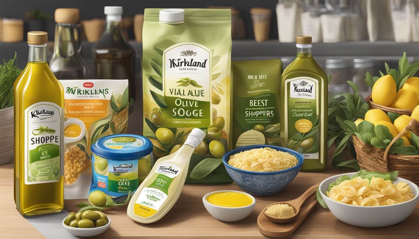 A table with Kirkland Signature Organic Extra Virgin Olive Oil displayed next to other grocery items, with a sign reading "Best Value for Shoppers."