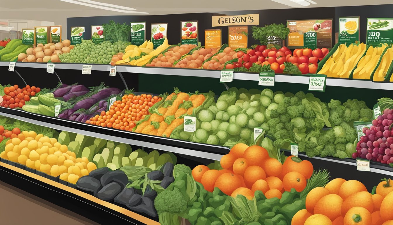 A colorful display of fresh fruits, vegetables, and organic products at Gelson's Markets, showcasing the variety and quality of whole30 compliant items