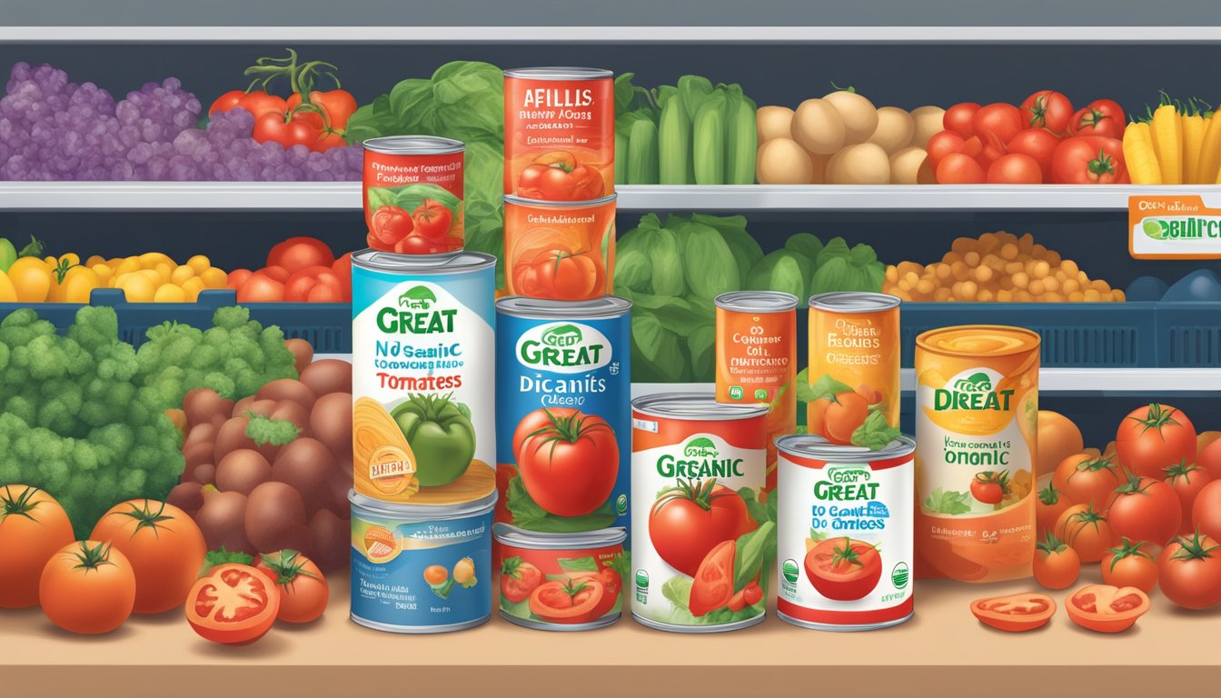 A can of Great Value Organic No-Salt Added Diced Tomatoes surrounded by other budget-friendly grocery items at a Walmart store