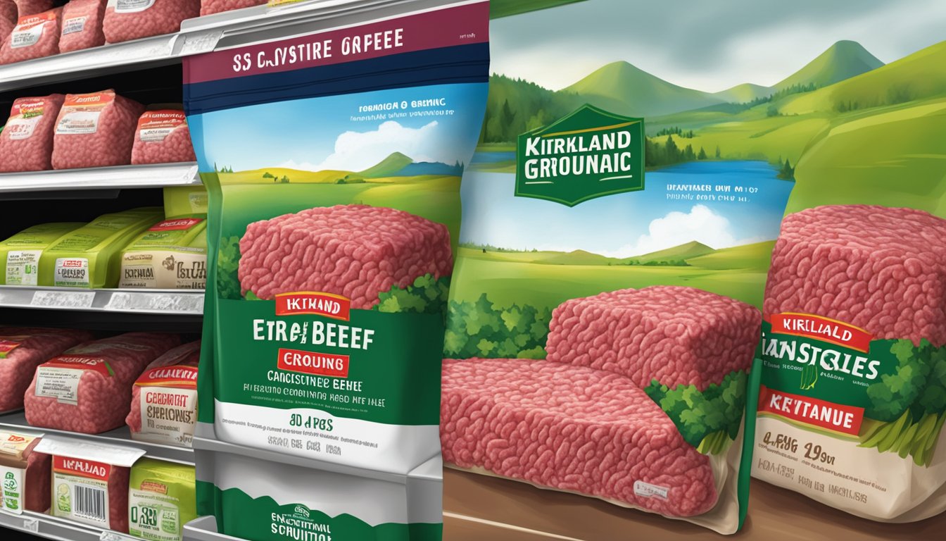 A package of Kirkland Signature Organic Ground Beef displayed prominently in the meat section of a Costco store