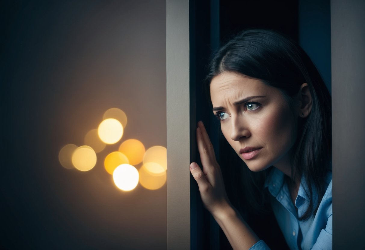 Uma mulher presa em um espaço escuro e confinado, com uma sensação de medo e impotência