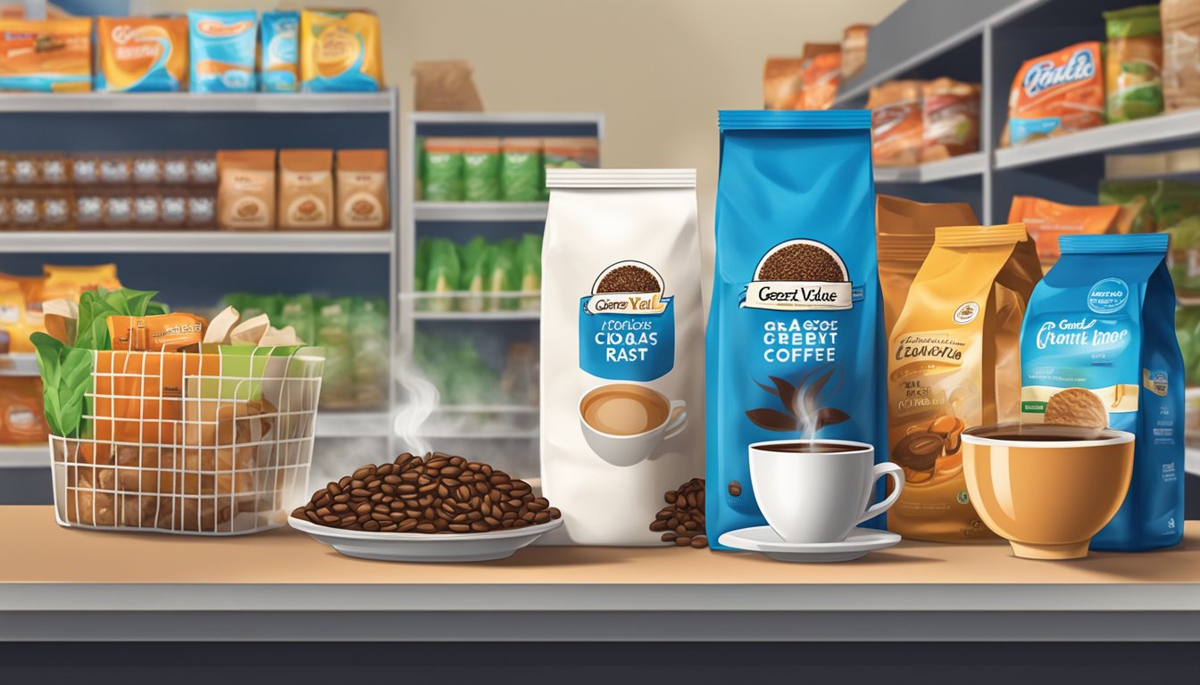 A steaming cup of Great Value Classic Roast Coffee sits on a table, surrounded by shelves stocked with affordable groceries at Walmart