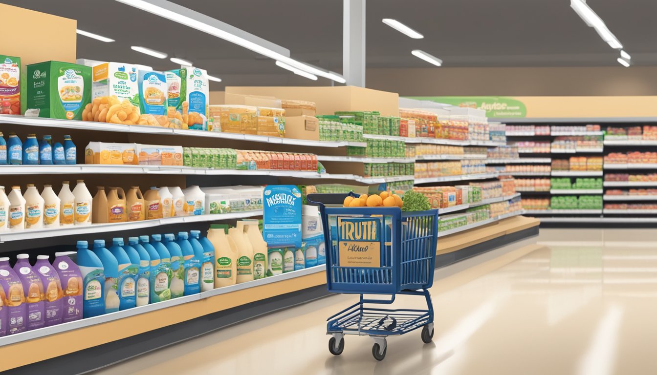 A cart filled with Simple Truth Organic Whole Milk sits in the foreground, while shoppers browse the aisles of Kroger, a sign promoting value deals in the background