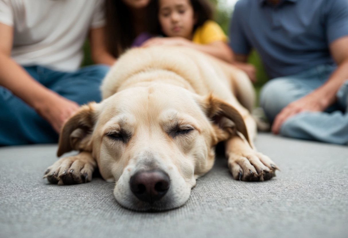 Um cachorro frágil deitado imóvel, respirando superficialmente, com os olhos fechados, cercado por entes queridos