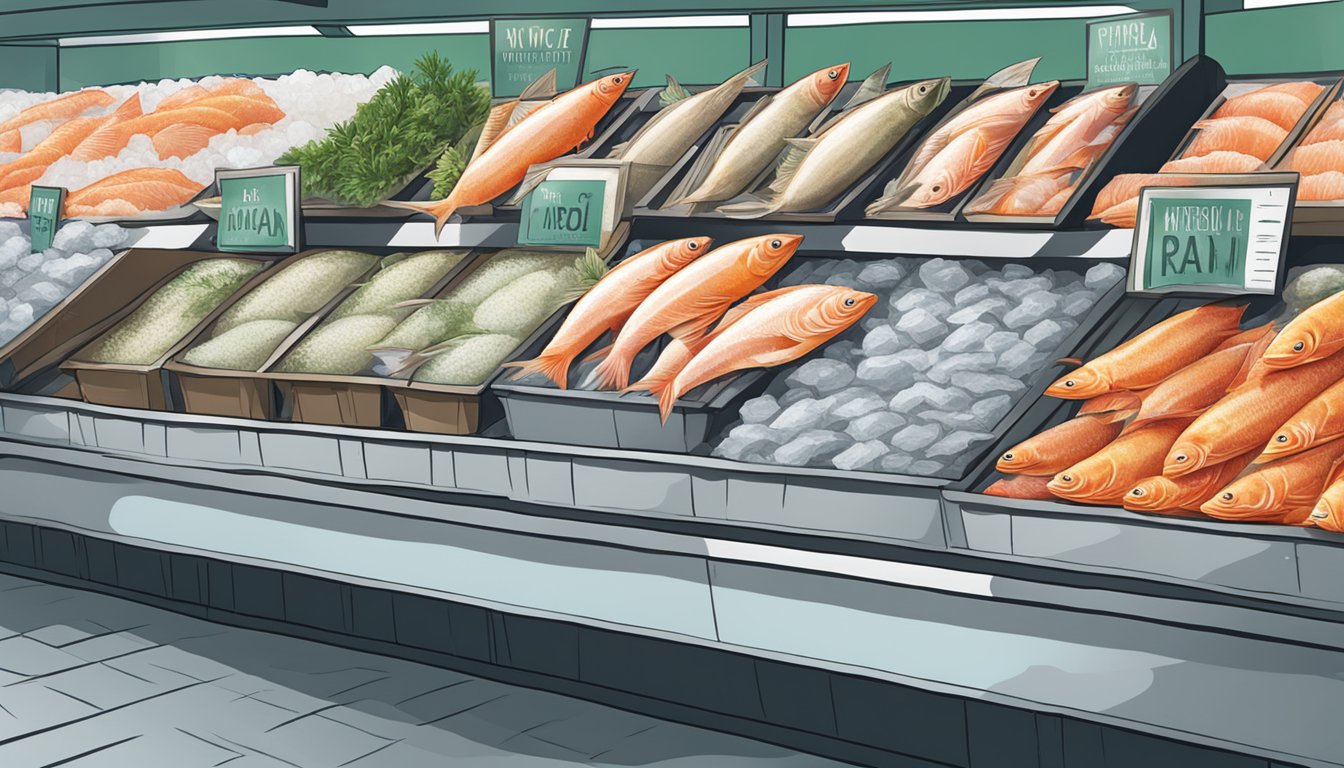 A display of fresh raw fish on ice at Whole Foods Market