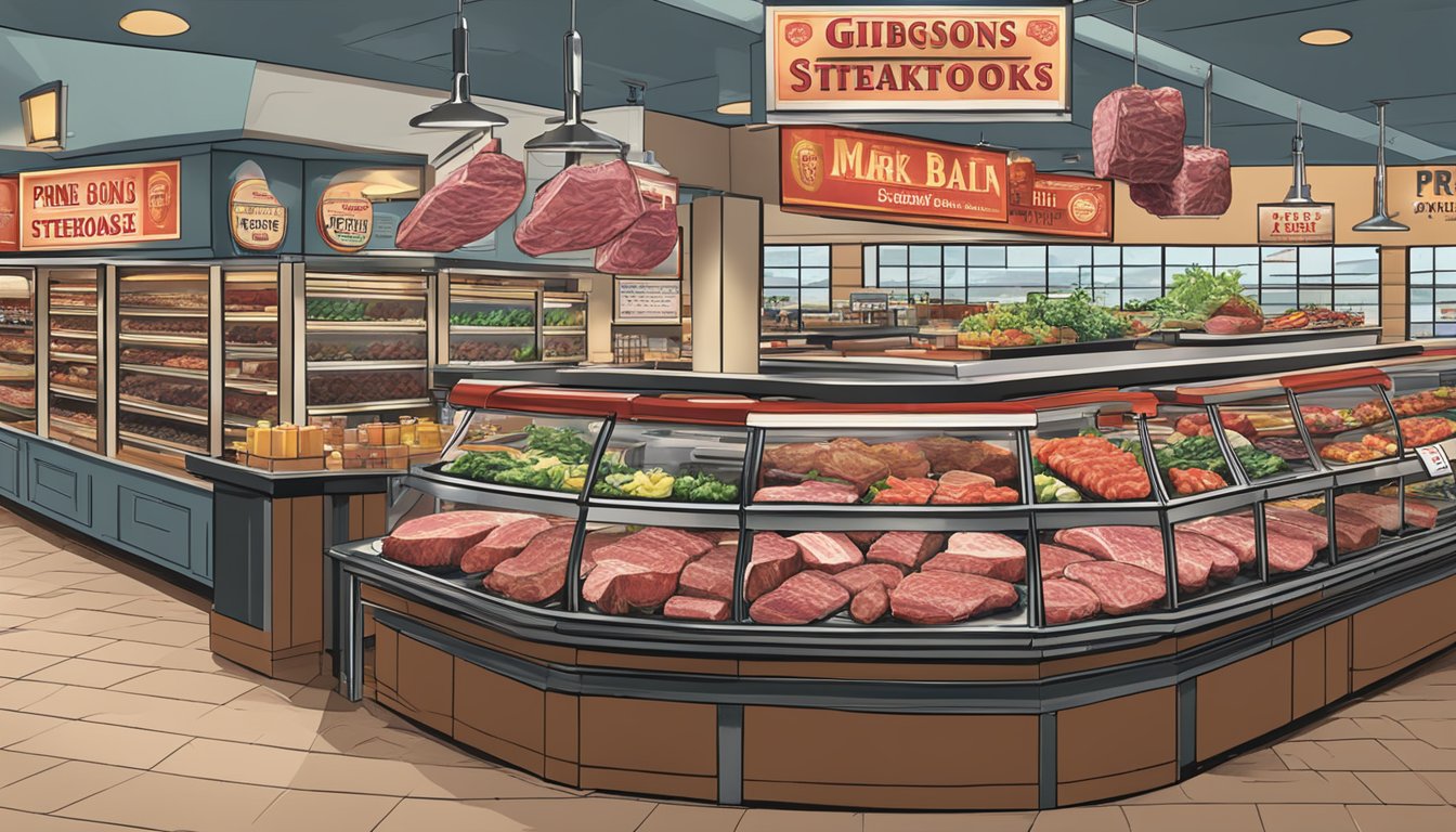 A bustling grocery store display of prime, marbled steaks, accompanied by a bold, attention-grabbing sign for Gibsons Bar & Steakhouse's top-rated meat