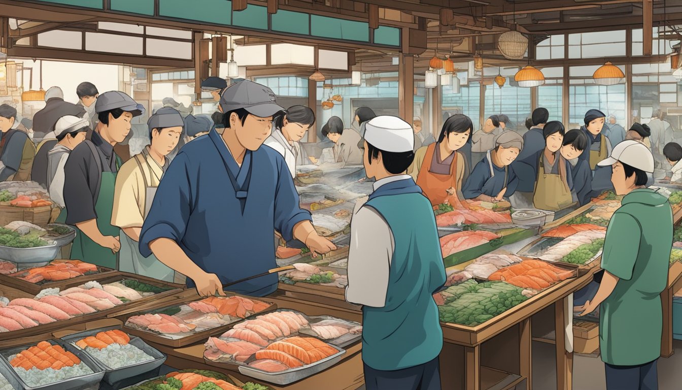 A bustling Japanese market with fresh fish on ice, colorful sushi displays, and a knowledgeable fishmonger sharing secrets with eager customers