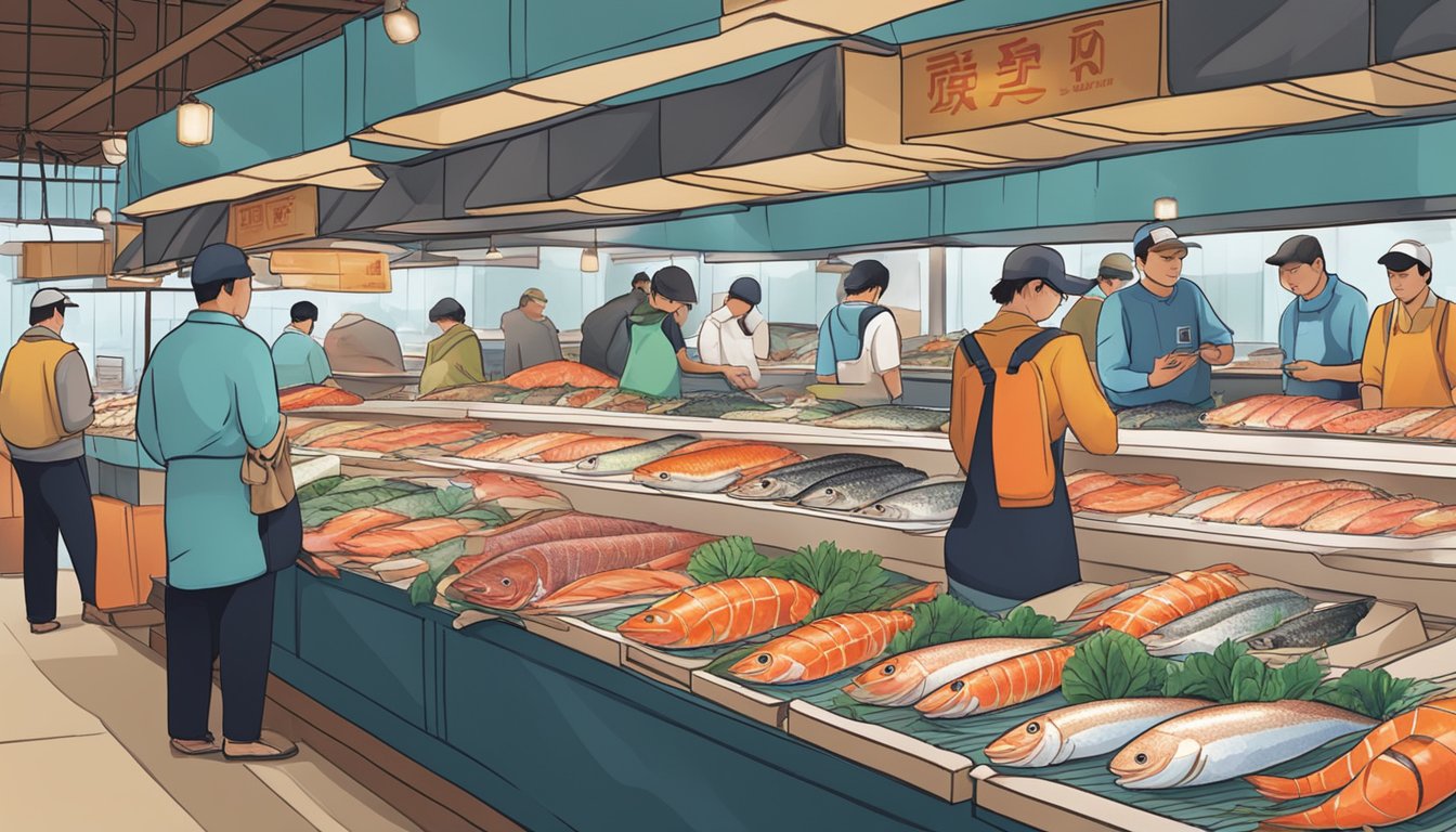 A bustling market with vibrant seafood displays, showcasing the freshest sushi grade fish. Shoppers eagerly inspecting the premium raw fish selection